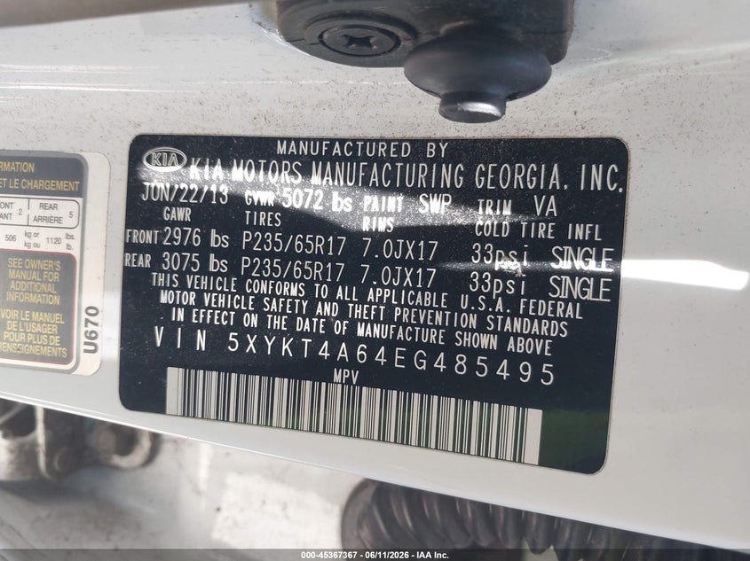 2014 Kia Sorento VIN 5XYKT4A64EG485495 IAAI salvage auction — NORMAL WEAR, Clear - Dealer Only (California), sold $25 on 2026-07-29 (photo 9)