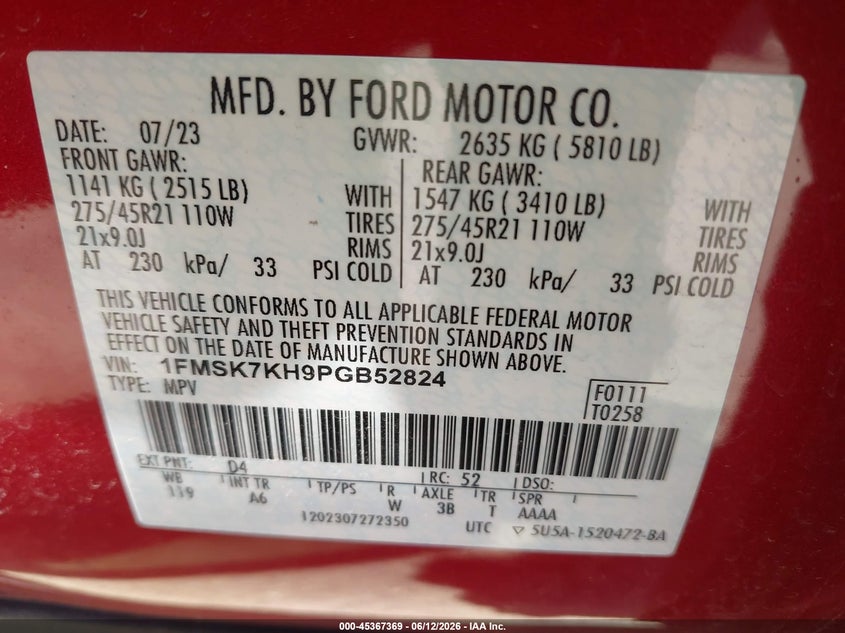 2023 Ford Explorer VIN 1FMSK7KH9PGB52824 IAAI salvage auction — LEFT SIDE, Original (Texas), sold $9,600 on 2026-07-29 (photo 9)
