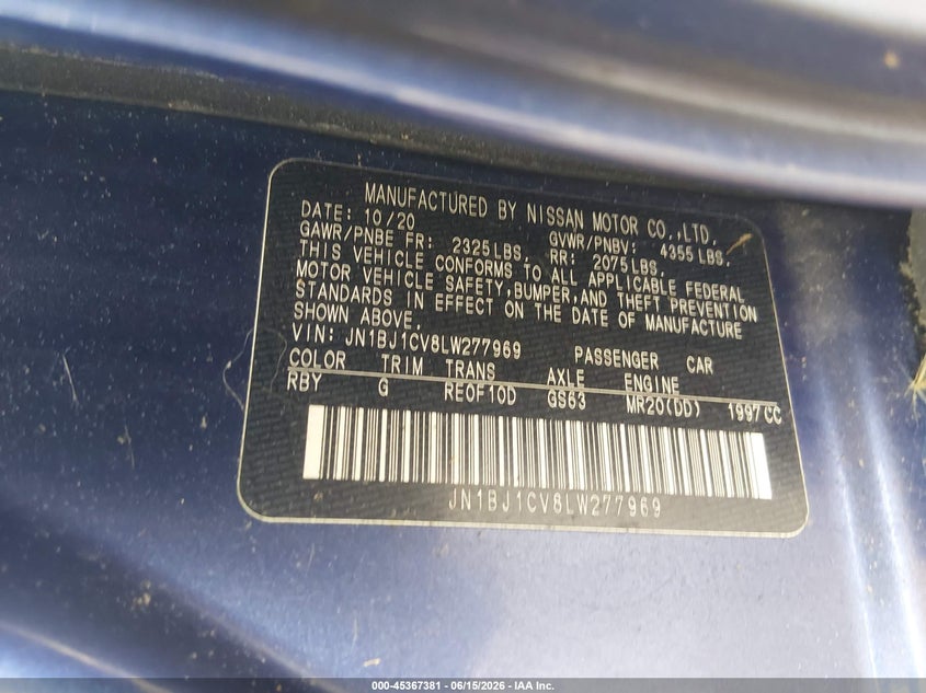 2020 Nissan Rogue VIN JN1BJ1CV8LW277969 IAAI salvage auction — FRONT END, Salvage Title, sold $1,500 on 2026-07-29 (photo 9)