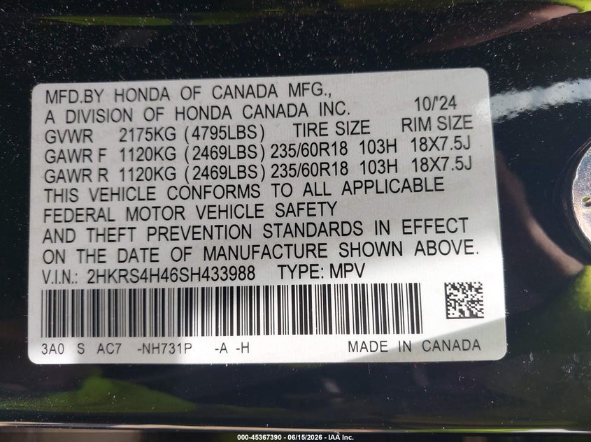2025 Honda Cr-v VIN 2HKRS4H46SH433988 IAAI salvage auction — FRONT END, Salvage Title, sold $14,600 on 2026-07-23 (photo 9)