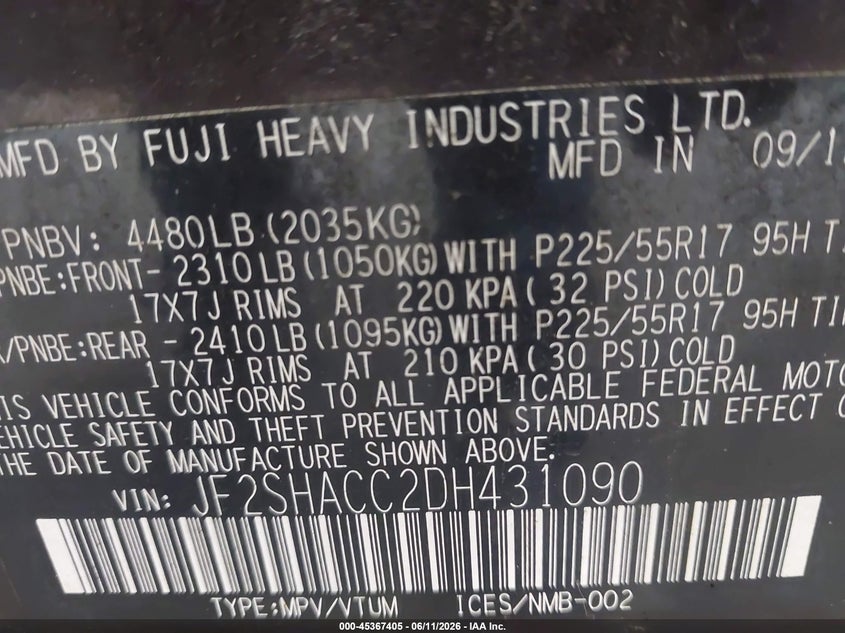 2013 Subaru Forester VIN JF2SHACC2DH431090 IAAI salvage auction — NORMAL WEAR, Clear (New York), sold $950 on 2026-07-22 (photo 9)