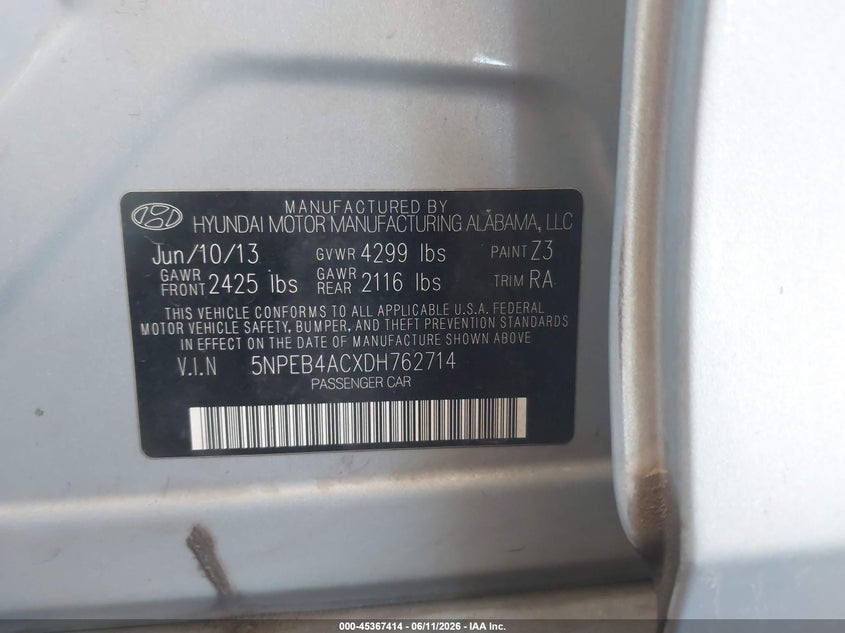 2013 Hyundai Sonata VIN 5NPEB4ACXDH762714 IAAI salvage auction — FRONT END, Clear (Arizona), sold $1,100 on 2026-07-14 (photo 9)