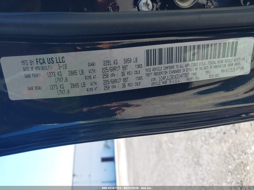 2019 Jeep Cherokee VIN 1C4PJLCB1KD147787 IAAI salvage auction — REAR END, Salvage Title, sold $2,200 on 2026-08-14 (photo 9)