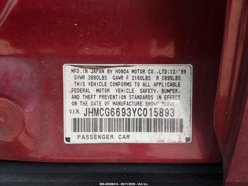 2000 Honda Accord VIN JHMCG6693YC015893 IAAI salvage auction — NORMAL WEAR, Clear (Pennsylvania), sold $425 on 2026-07-10 (photo 9)