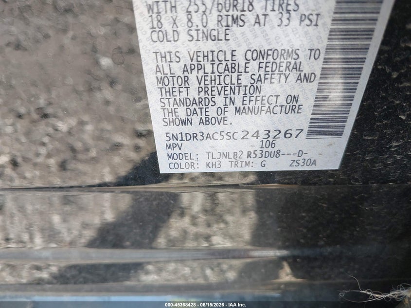 2025 Nissan Pathfinder VIN 5N1DR3AC5SC243267 IAAI salvage auction — REAR END, Salvage Title, sold $11,700 on 2026-07-31 (photo 9)