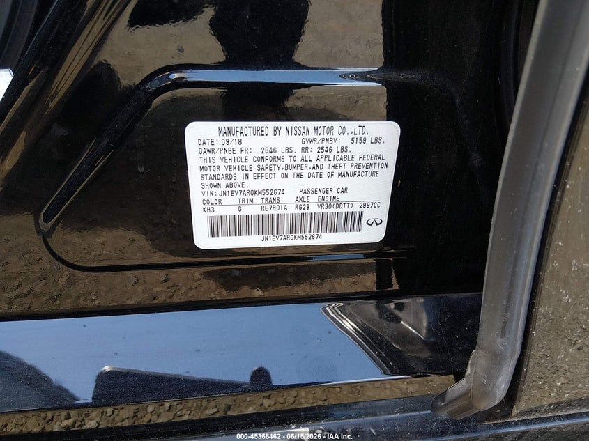 2019 Infiniti Q50 VIN JN1EV7AR0KM552674 IAAI salvage auction — UNDERCARRIAGE, Salvage (New Jersey), sold $1,550 on 2026-07-29 (photo 9)