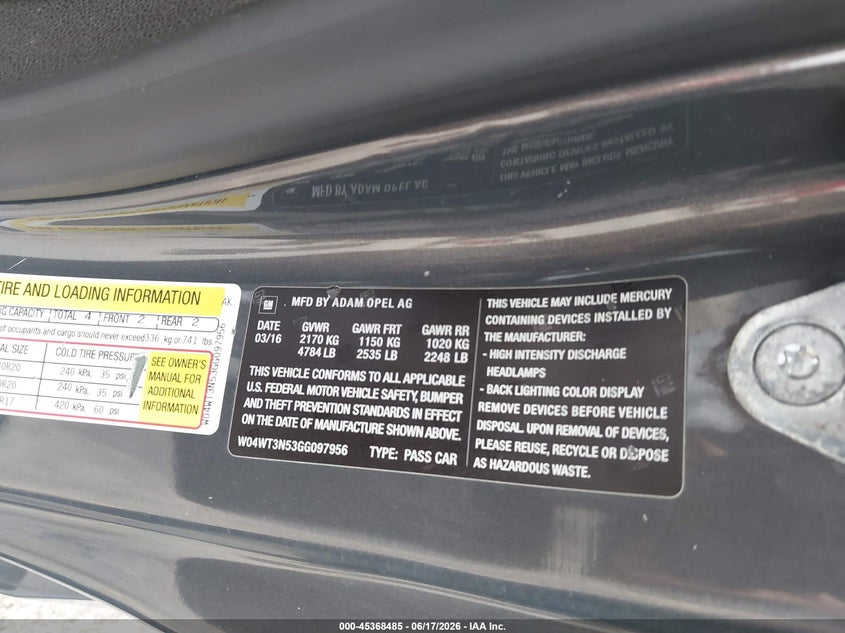 2016 Buick Cascada VIN W04WT3N53GG097956 IAAI salvage auction — FRONT END, Clear (Michigan), sold $625 on 2026-07-27 (photo 9)