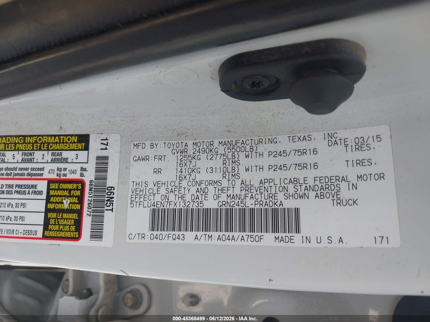 2015 Toyota Tacoma VIN 5TFLU4EN7FX132735 IAAI salvage auction — FRONT END, Salvage (Georgia), sold $7,600 on 2026-07-28 (photo 9)