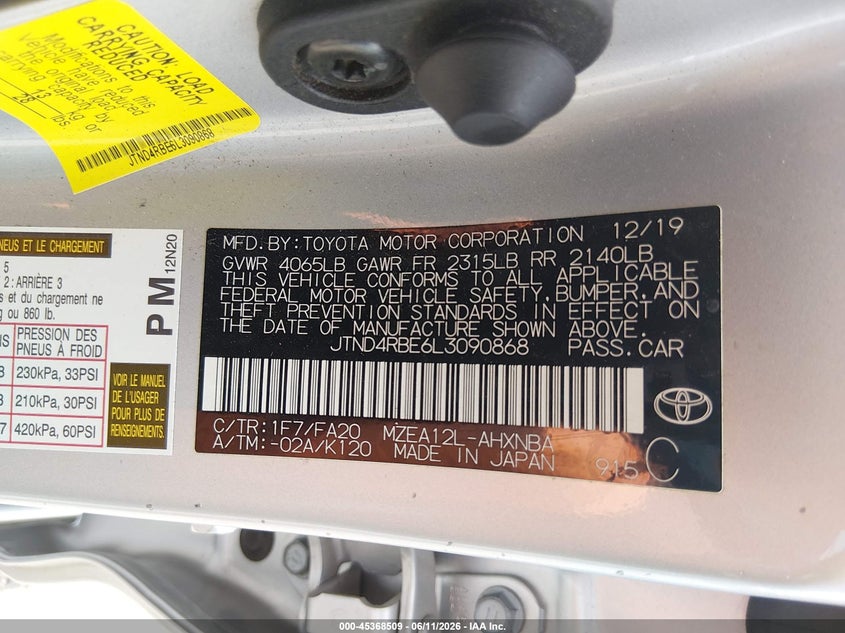 2020 Toyota Corolla VIN JTND4RBE6L3090868 IAAI salvage auction — SIDE, Salvage Title, sold $4,475 on 2026-07-24 (photo 9)