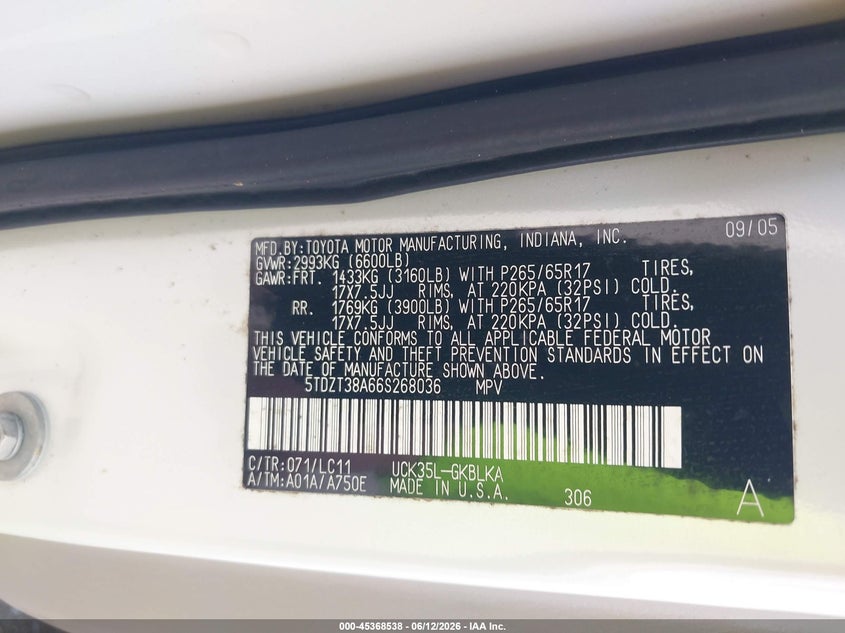 2006 Toyota Sequoia VIN 5TDZT38A66S268036 IAAI salvage auction — BIO HAZARD, Rebuildable (Florida), sold $1,375 on 2026-07-07 (photo 9)