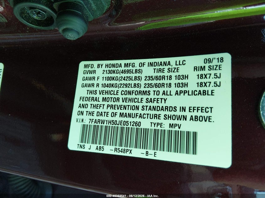 2018 Honda Cr-v VIN 7FARW1H50JE051260 IAAI salvage auction — FRONT & REAR, Salvage (South Carolina), sold $6,700 on 2026-07-28 (photo 9)