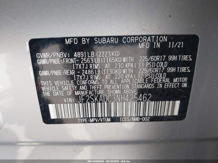 2022 Subaru Forester VIN JF2SKADC3NH425462 IAAI salvage auction — FRONT END, Mv-907A (New York), sold $925 on 2026-07-28 (photo 9)