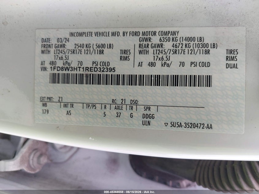 2024 Ford F350 VIN 1FD8W3HT1RED32395 IAAI salvage auction — FRONT END, Certificate Of Destruction (Florida), sold $11,600 on 2026-07-09 (photo 8)