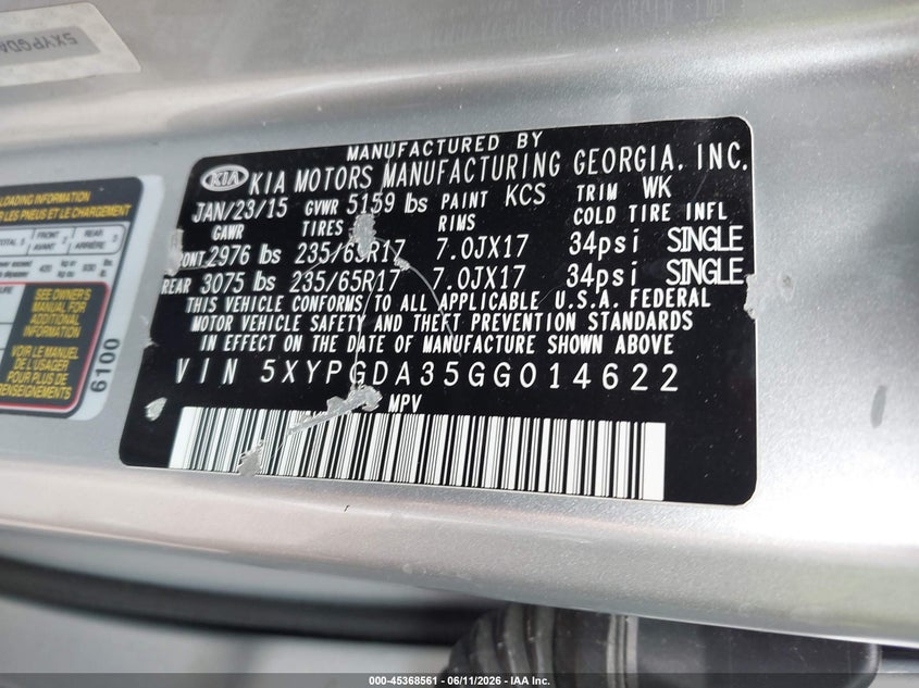 2016 Kia Sorento VIN 5XYPGDA35GG014622 IAAI salvage auction — FRONT END, Salvage Title, sold $900 on 2026-07-22 (photo 9)
