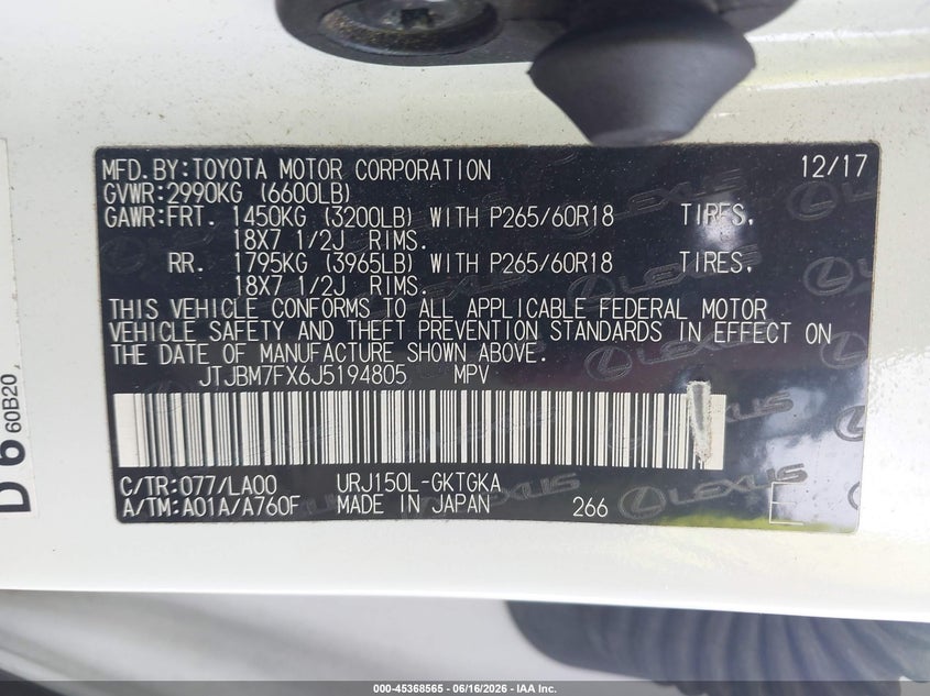2018 Lexus Gx VIN JTJBM7FX6J5194805 IAAI salvage auction — FRONT END, Salvage (Tennessee), sold $12,100 on 2026-07-09 (photo 9)