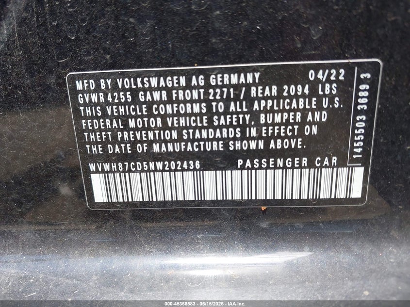 2022 Volkswagen Golf gti VIN WVWH87CD5NW202436 IAAI salvage auction — FRONT END, Salvage Title, sold $6,500 on 2026-08-13 (photo 9)