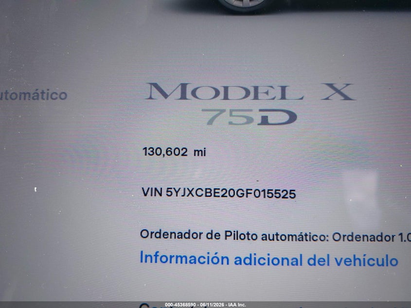 2016 Tesla Model x VIN 5YJXCBE20GF015525 IAAI salvage auction — FRONT END, Rebuildable (Florida), sold $4,800 on 2026-07-09 (photo 7)