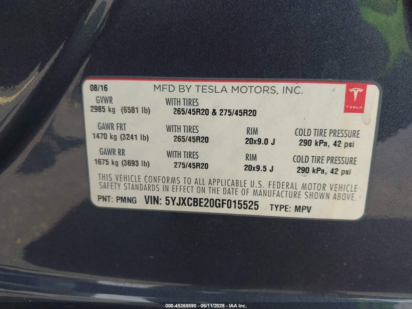 2016 Tesla Model x VIN 5YJXCBE20GF015525 IAAI salvage auction — FRONT END, Rebuildable (Florida), sold $4,800 on 2026-07-09 (photo 9)
