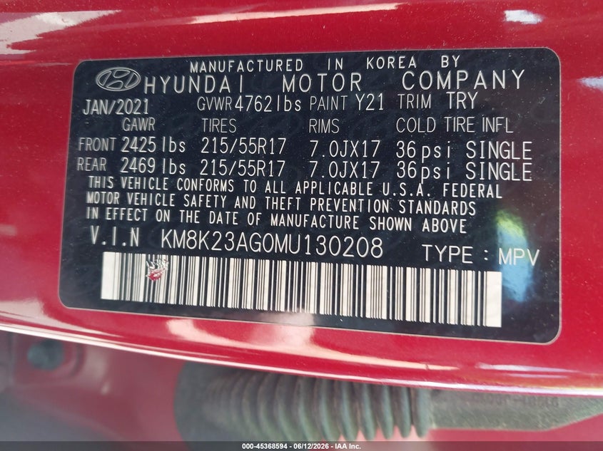 2021 Hyundai Kona VIN KM8K23AG0MU130208 IAAI salvage auction — FRONT END, Salvage Title, sold $4,300 on 2026-07-30 (photo 9)