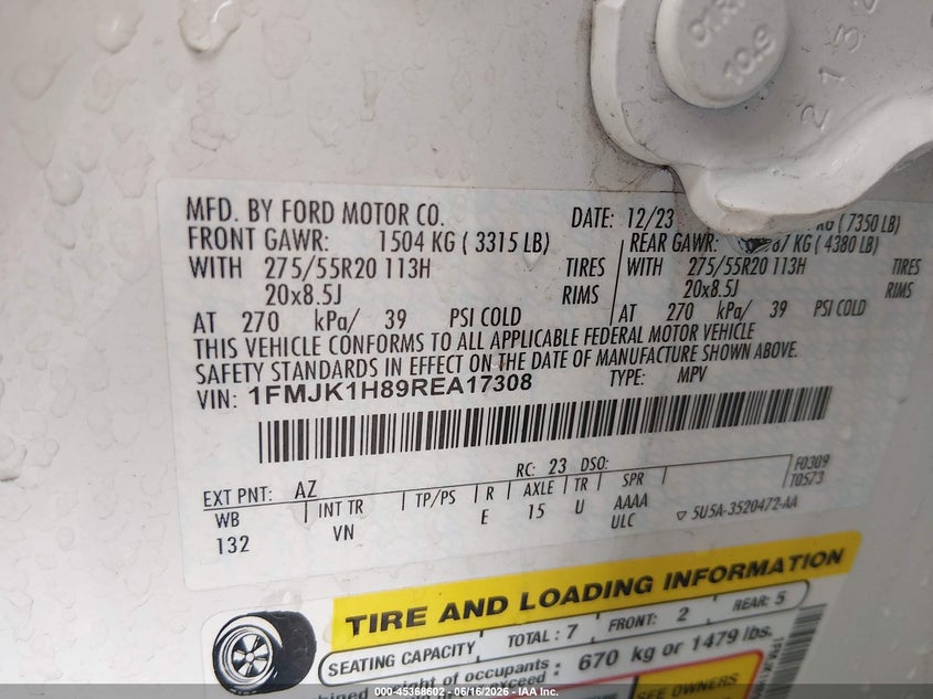 2024 Ford Expedition VIN 1FMJK1H89REA17308 IAAI salvage auction — FRONT END, Salvage Title, sold $25 on 2026-09-23 (photo 9)