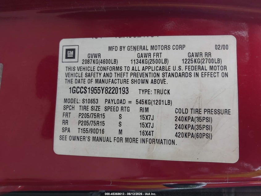 2000 Chevrolet S-10 pickup VIN 1GCCS1955Y8220193 IAAI salvage auction — FRONT END, Salvage (Ohio), sold $275 on 2026-07-06 (photo 9)