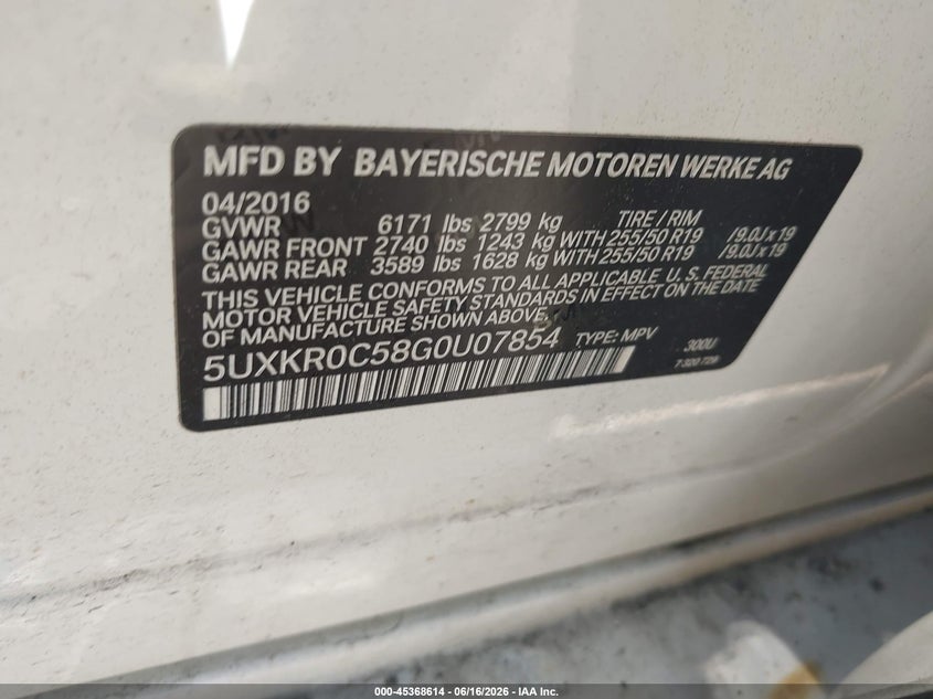 2016 BMW X5 VIN 5UXKR0C58G0U07854 IAAI salvage auction — FRONT END, Mv-907A (New York), sold $4,100 on 2026-07-14 (photo 9)