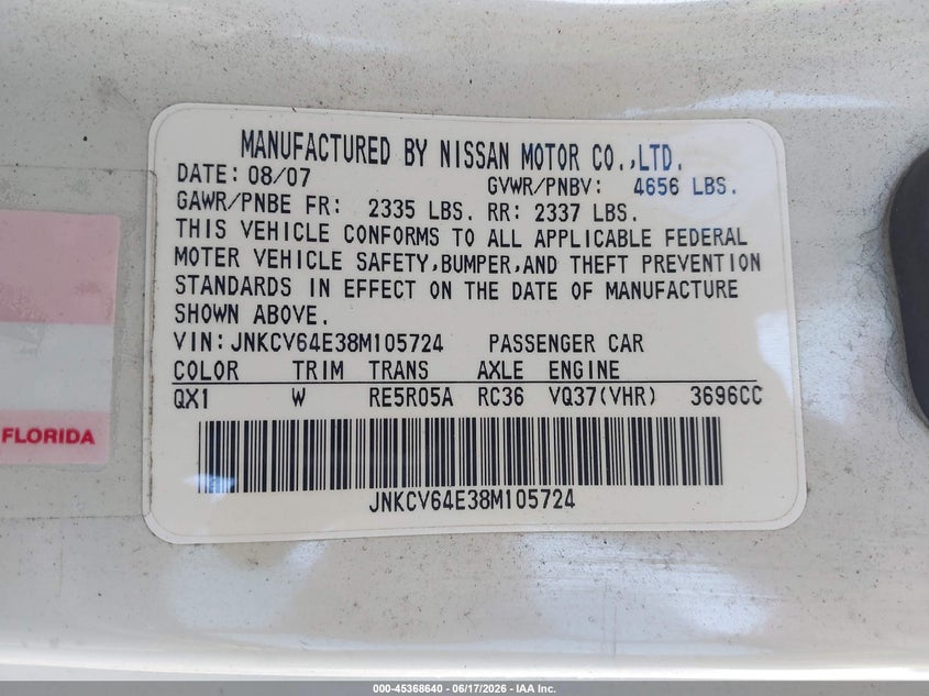 2008 Infiniti G37 VIN JNKCV64E38M105724 IAAI salvage auction — FRONT & REAR, Certificate Of Destruction (Florida), sold $450 on 2026-07-07 (photo 9)