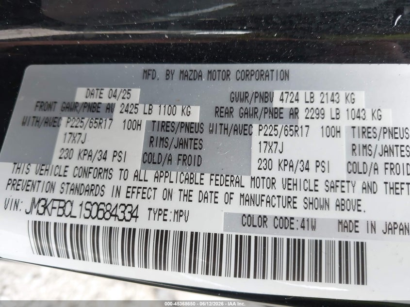 2025 Mazda Cx-5 VIN JM3KFBCL1S0684334 IAAI salvage auction — LEFT SIDE, Salvage Title, sold $25 on 2026-07-29 (photo 9)