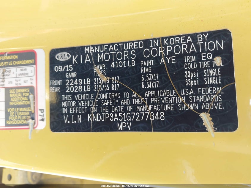 2016 Kia Soul VIN KNDJP3A51G7277348 IAAI salvage auction — FRONT END, Clear (Virginia), sold $1,050 on 2026-07-10 (photo 9)