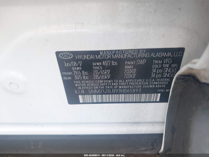 2018 Hyundai VIN 5NMZU3LB9JH065893 IAAI salvage auction — REAR END, Rebuildable (Florida), sold $2,250 on 2026-07-06 (photo 9)