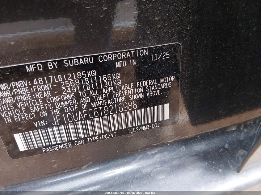 2026 Subaru Impreza VIN JF1GUAFC6T8216988 IAAI salvage auction — FRONT END, Salvage Title, sold $25 on 2026-07-31 (photo 9)