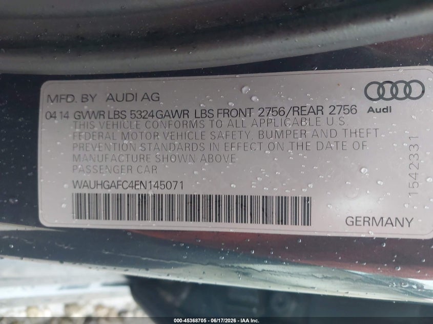 2014 Audi A6 VIN WAUHGAFC4EN145071 IAAI salvage auction — FRONT END, Clear (Wisconsin), sold $1,150 on 2026-07-23 (photo 9)