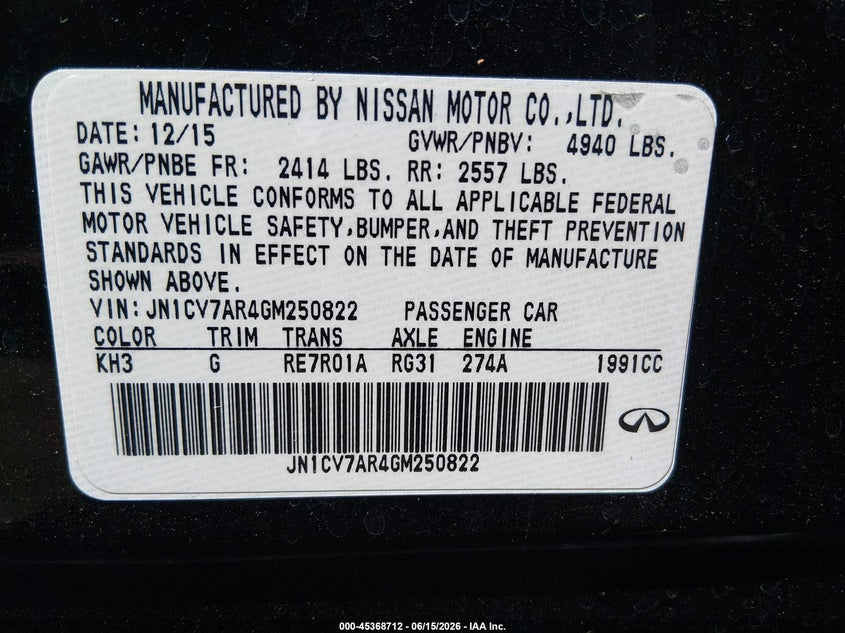 2016 Infiniti Q50 VIN JN1CV7AR4GM250822 IAAI salvage auction — RIGHT SIDE, Salvage (Ohio), sold $4,175 on 2026-07-09 (photo 9)