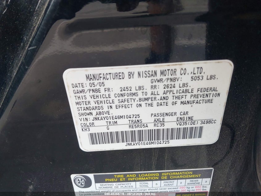 2006 Infiniti M VIN JNKAY01E46M104725 IAAI salvage auction — LEFT FRONT, Salvage (North Carolina), sold $375 on 2026-07-08 (photo 9)
