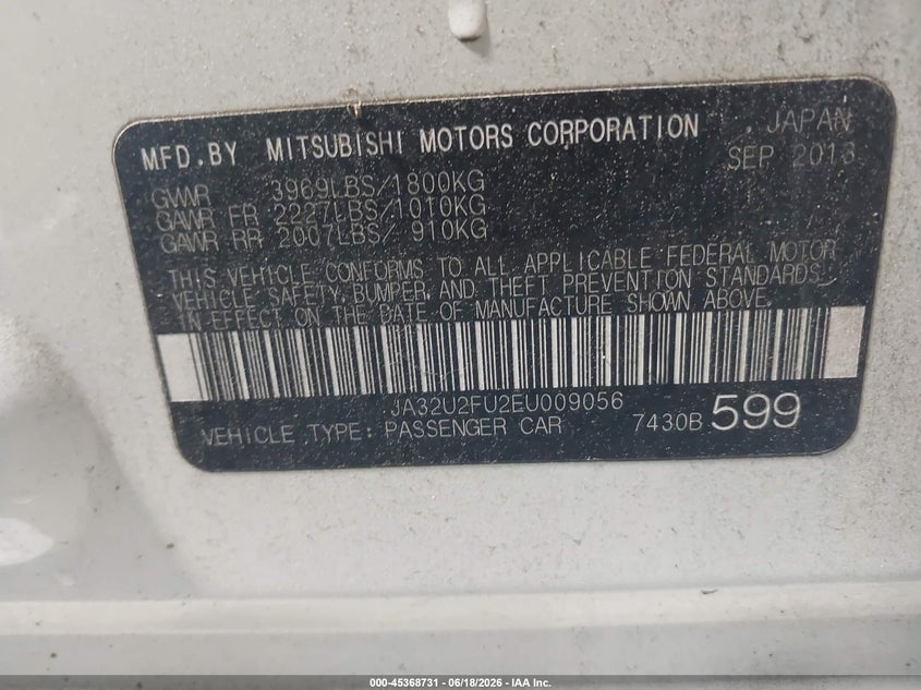 2014 Mitsubishi Lancer VIN JA32U2FU2EU009056 IAAI salvage auction — FRONT END, Salvage Title, sold $500 on 2026-08-19 (photo 9)