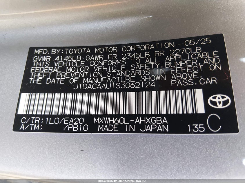 2025 Toyota Prius VIN JTDACAAU1S3062124 IAAI salvage auction — FRONT END, Rebuildable (Florida), sold $6,625 on 2026-07-28 (photo 9)