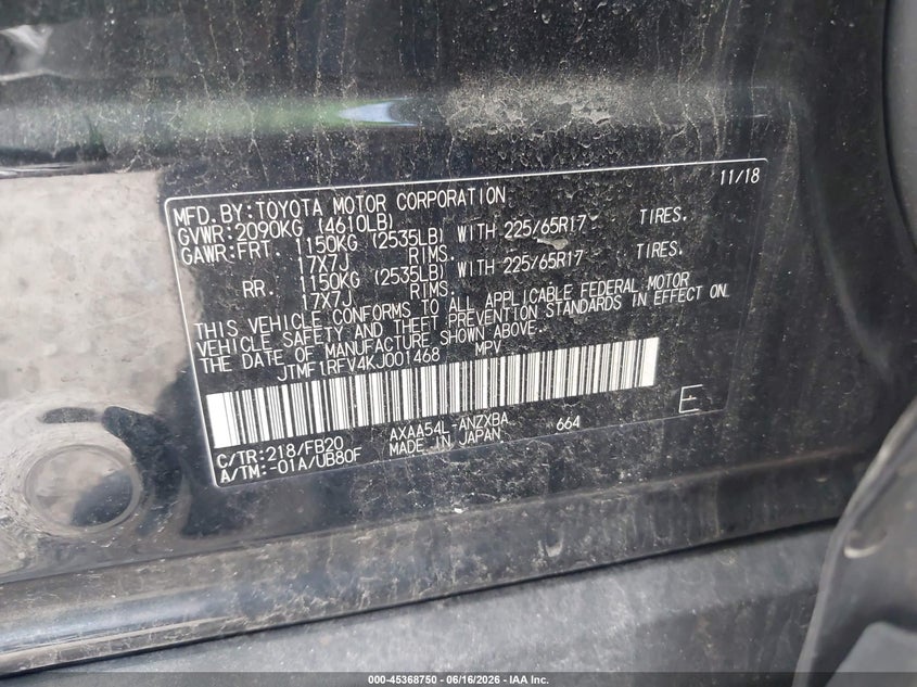 2019 Toyota Rav 4 VIN JTMF1RFV4KJ001468 IAAI salvage auction — FRONT END, Salvage (Illinois), sold $3,800 on 2026-07-28 (photo 9)