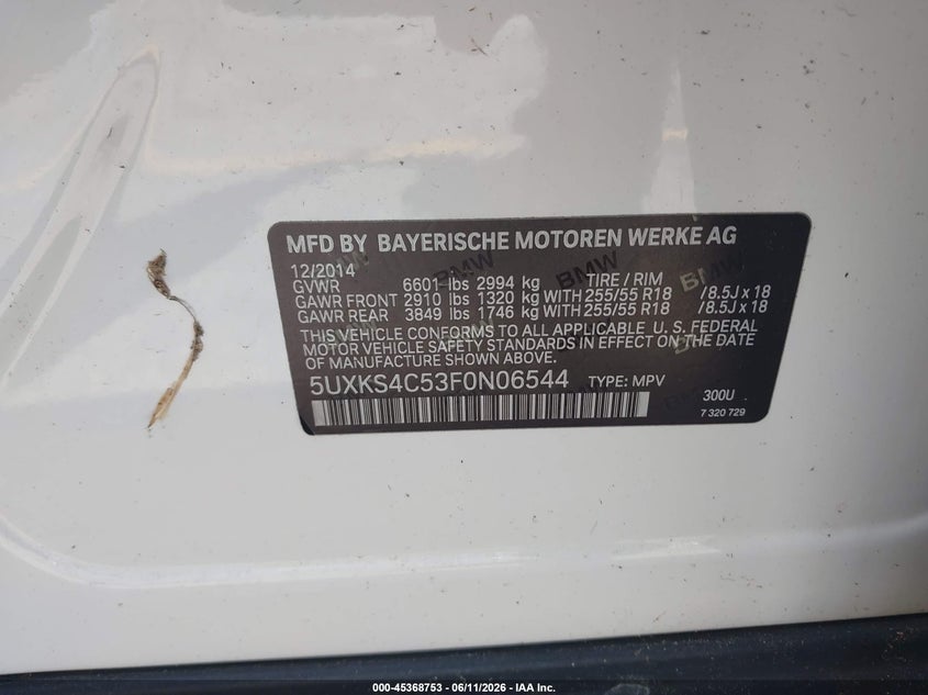 2015 BMW X5 VIN 5UXKS4C53F0N06544 IAAI salvage auction — NORMAL WEAR, Clear (Florida), sold $4,550 on 2026-07-29 (photo 9)