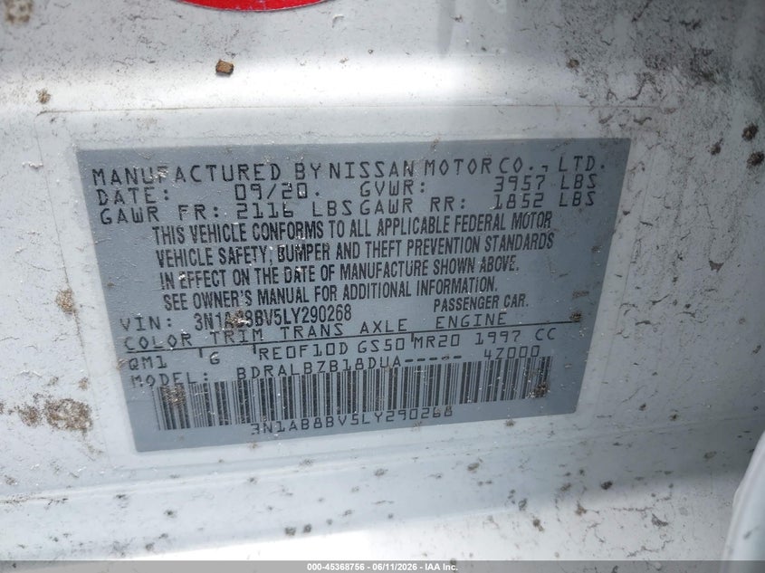 2020 Nissan Sentra VIN 3N1AB8BV5LY290268 IAAI salvage auction — SIDE, Certificate Of Destruction (Florida), sold $2,000 on 2026-07-18 (photo 9)