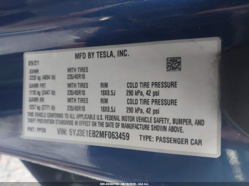 2021 Tesla Model 3 VIN 5YJ3E1EB2MF063459 IAAI salvage auction — FRONT END, Salvage (Louisiana), sold $4,200 on 2026-07-28 (photo 9)