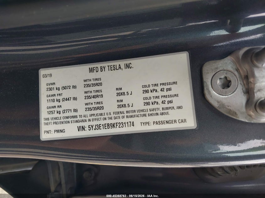 2019 Tesla Model 3 VIN 5YJ3E1EB9KF231174 IAAI salvage auction — FRONT END, Salvage Title, sold $4,150 on 2026-07-31 (photo 9)