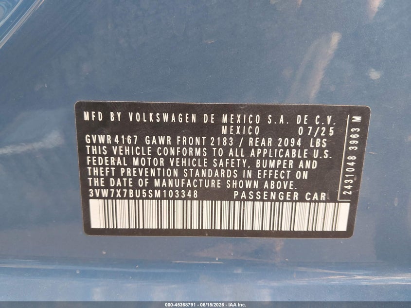 2025 Volkswagen Jetta VIN 3VW7X7BU5SM103348 IAAI salvage auction — FRONT END, Salvage Title, sold $7,300 on 2026-07-21 (photo 9)