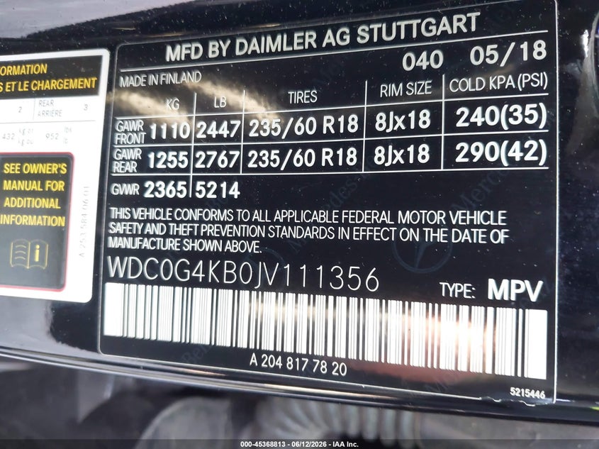 2018 Mercedes-benz Glc class VIN WDC0G4KB0JV111356 IAAI salvage auction — NORMAL WEAR, Repossession Paperwork (Georgia), sold $9,250 on 2026-08-12 (photo 9)