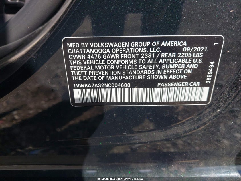 2022 Volkswagen Passat VIN 1VWBA7A32NC004688 IAAI salvage auction — RIGHT FRONT, Salvage (Pennsylvania), sold $6,500 on 2026-07-10 (photo 9)