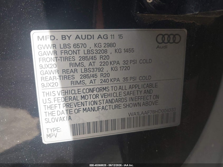 2017 Audi Q7 VIN WA1LAAF78HD004333 IAAI salvage auction — FRONT END, Clear (Tennessee), sold $4,350 on 2026-07-29 (photo 9)