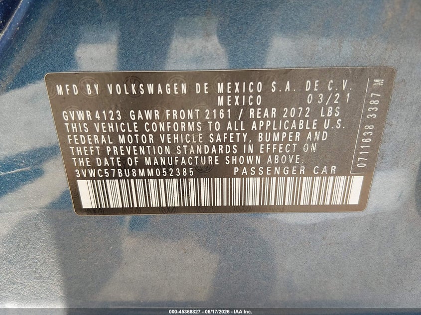 2021 Volkswagen Jetta VIN 3VWC57BU8MM052385 IAAI salvage auction — FRONT END, Salvage Title, sold $4,175 on 2026-08-22 (photo 9)
