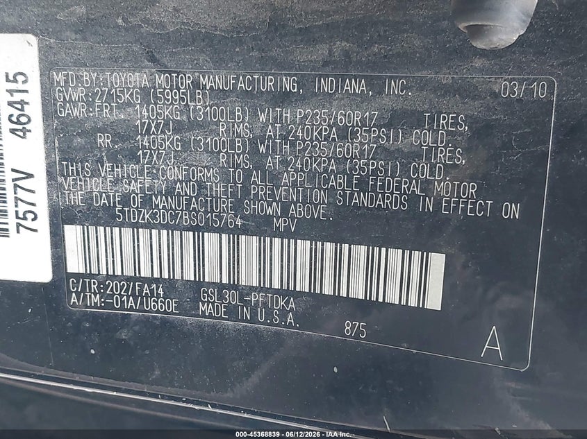 2011 Toyota Sienna VIN 5TDZK3DC7BS015764 IAAI salvage auction — REAR END, Clear (New York), sold $1,025 on 2026-07-06 (photo 9)