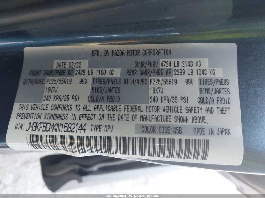 2022 Mazda Cx-5 VIN JM3KFBDM4N1582144 IAAI salvage auction — SIDE, Salvage Title, sold $7,100 on 2026-07-26 (photo 9)