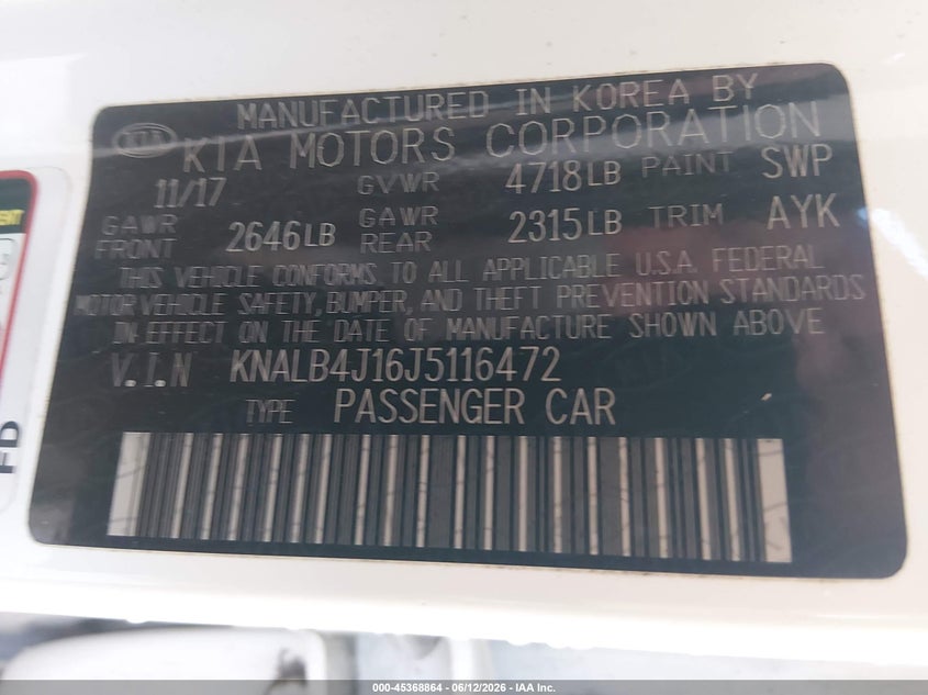 2018 Kia Cadenza VIN KNALB4J16J5116472 IAAI salvage auction — FRONT END, Salvage Title, sold $1,350 on 2026-07-18 (photo 9)