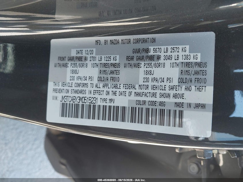 2021 Mazda Cx-9 VIN JM3TCABY3M0515231 IAAI salvage auction — FRONT END, Salvage (Idaho), sold $2,950 on 2026-07-29 (photo 9)